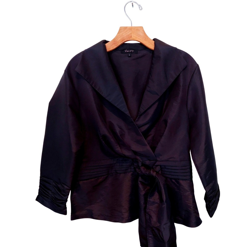 Vanity Women Y2K Black Dark Feminine Metallic Wrap Whimsigoth Blouse Tie Waist L